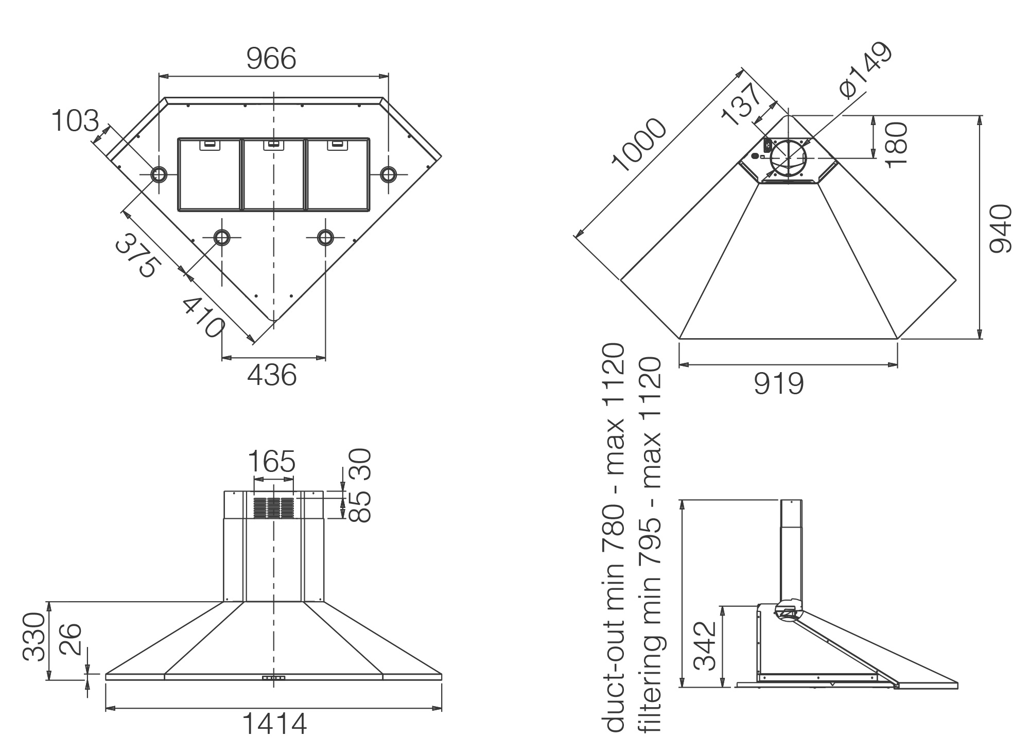 Hottes Murale ACUTA inox 100x100 tech sheet