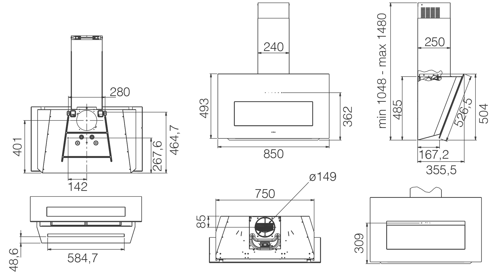 Odsavač par Stěna BLOOM black 85 tech sheet