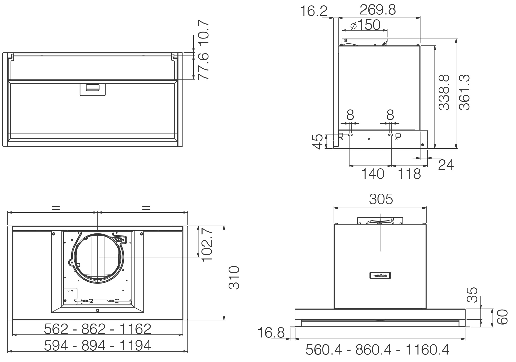 Вытяжки Встраиваемые BOXIN inox 120 tech sheet