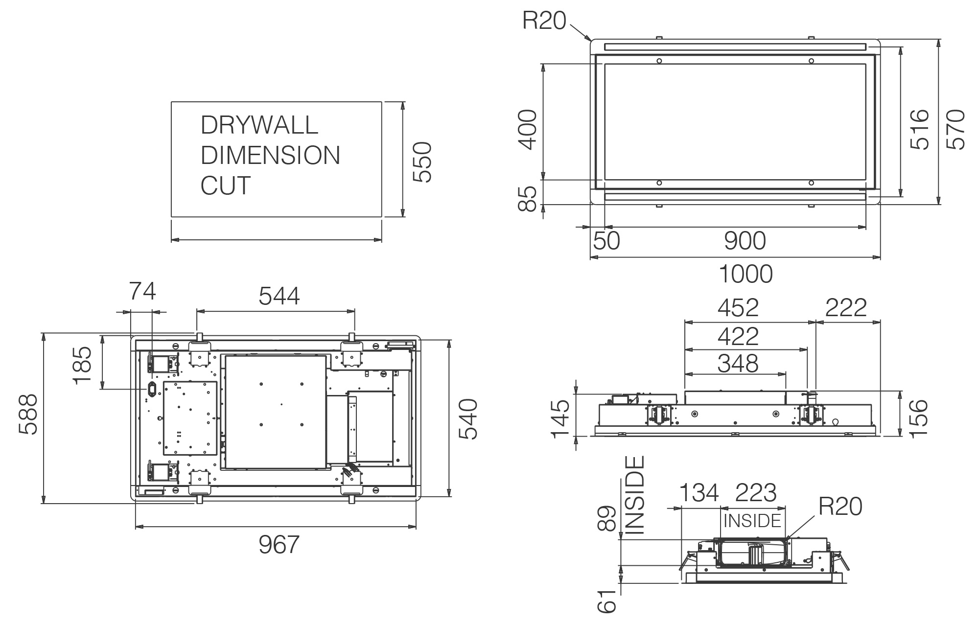 Exaustores Teto HILIGHT GLASS white 100x57 tech sheet