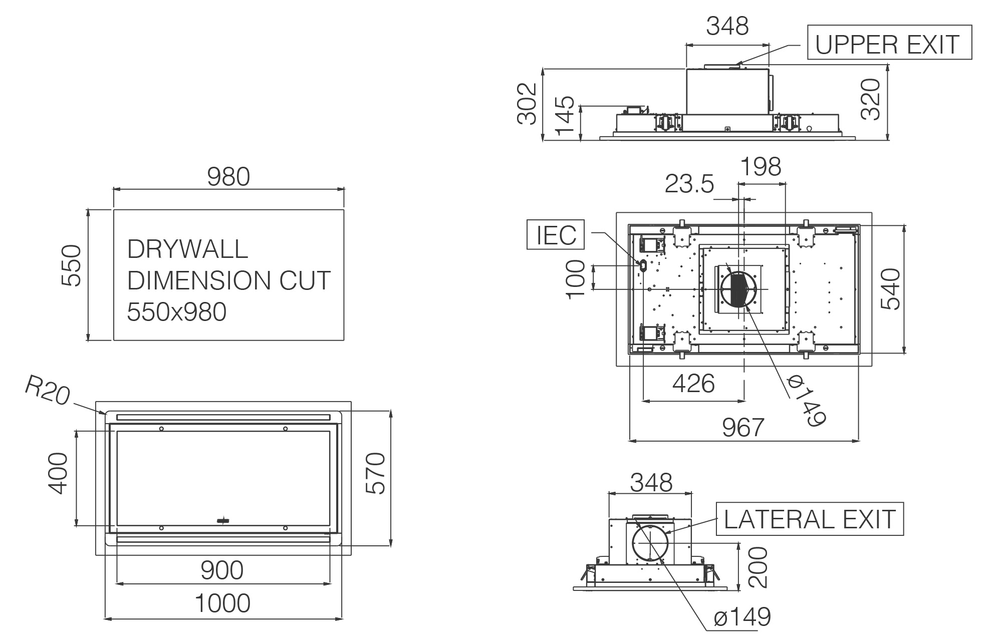 Hoods Ceiling HILIGHT GLASS white 100x57 tech sheet