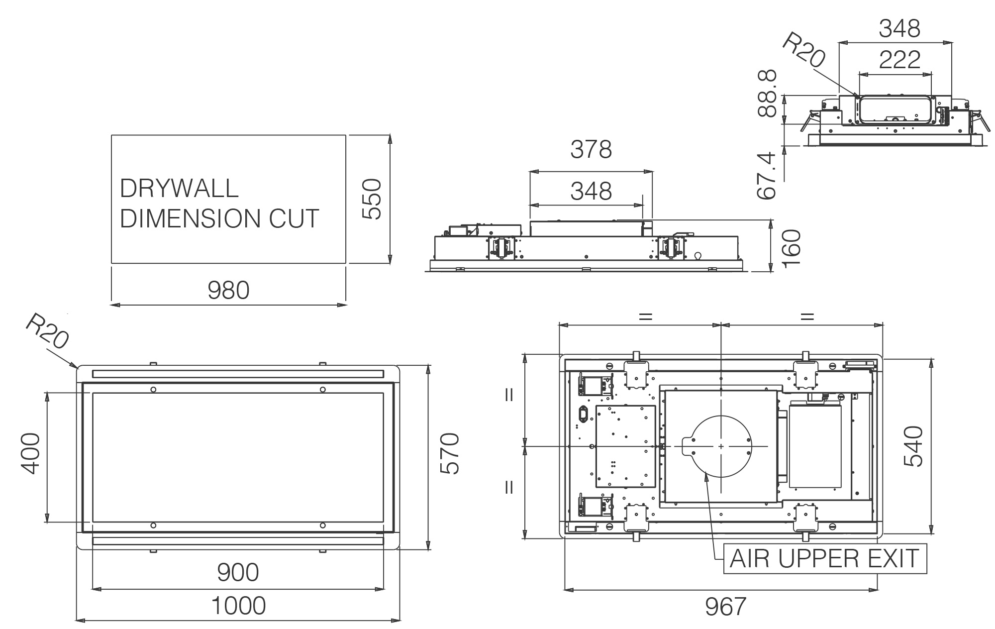 Hoods Ceiling HILIGHT GLASS white 100x57 tech sheet