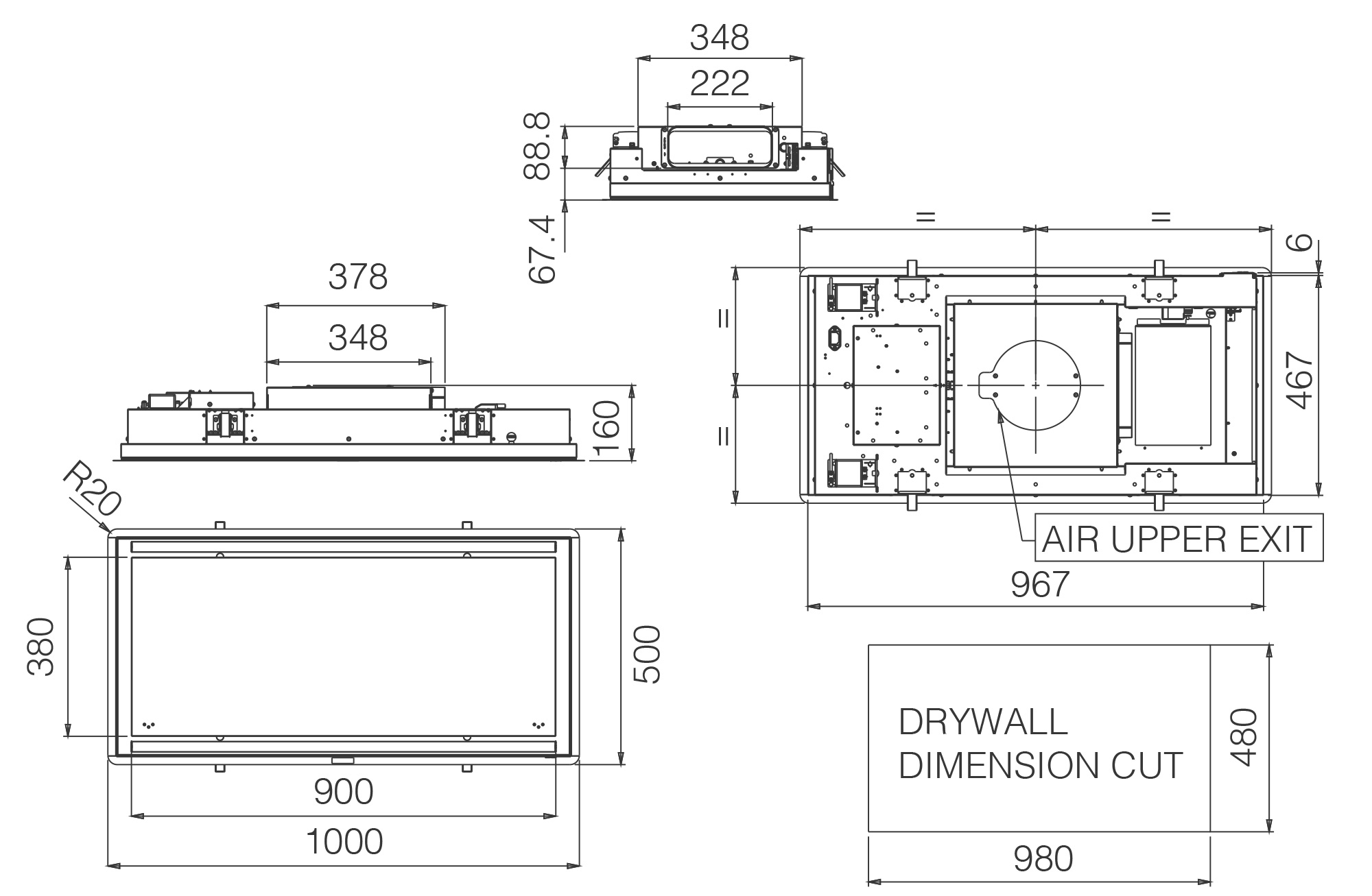 Odsavač par Strop ILLUSION custom 100x50 tech sheet